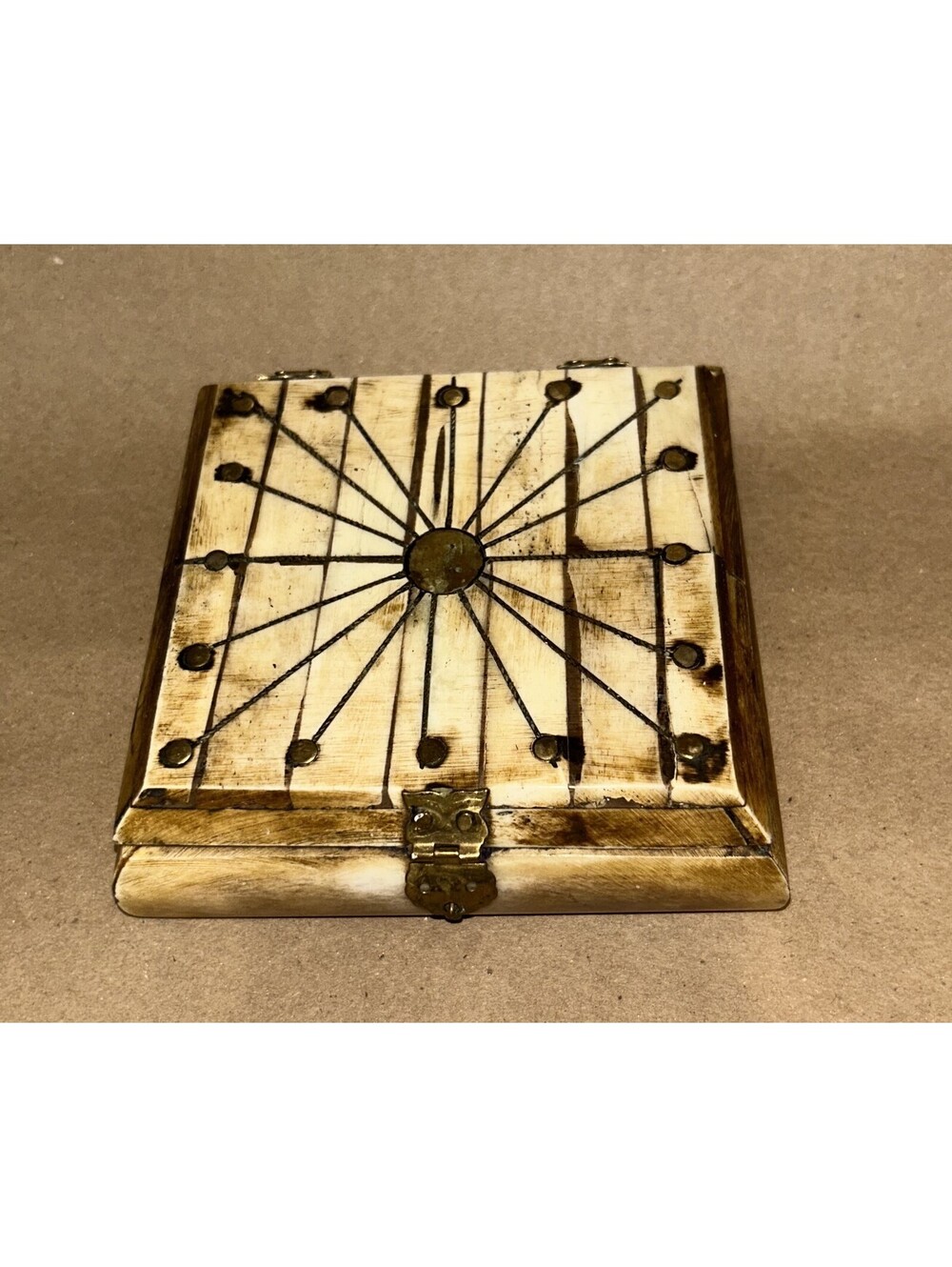Natural Carved Trinket Box Lined with Owl Brass Hinge - star burst design